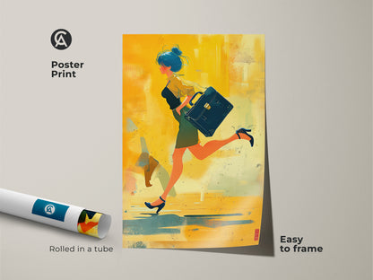 Poster Print of woman with briefcase. Abstract art rolled in a tube and easy to frame. The modern abstract art piece features yellow orange and teal colors. Perfect woman in motion art.