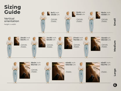 Sizing Guide shows vertical orientation art prints in different sizes. Canvas and poster options are available. The ATV on black sand beach artwork is perfect for any space.