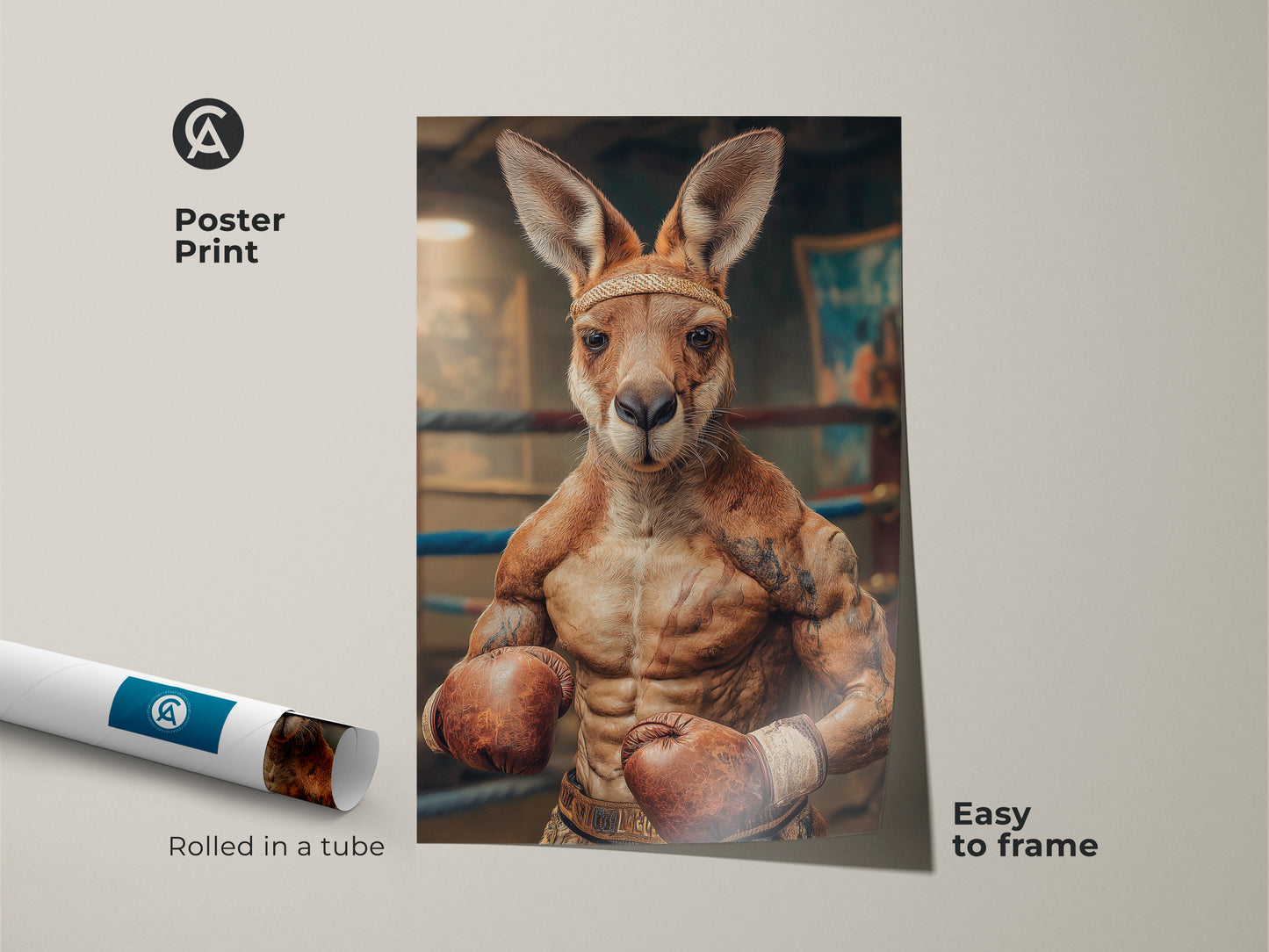 Poster print of a photorealistic boxing kangaroo. This funny animal artwork is easy to frame. It adds a unique touch to any office wall. This sports themed wall art makes a great birthday gift for him. This is perfect eclectic home decor.