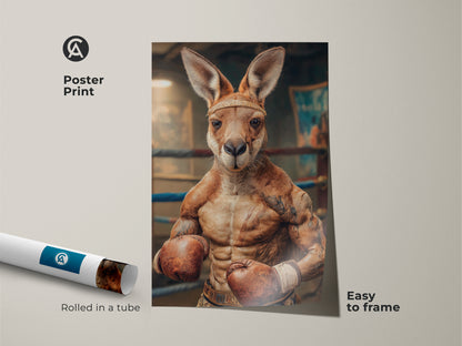 Poster print of a photorealistic boxing kangaroo. This funny animal artwork is easy to frame. It adds a unique touch to any office wall. This sports themed wall art makes a great birthday gift for him. This is perfect eclectic home decor.