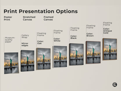 This image shows the print presentation options available. You can choose from a poster print stretched canvas or framed canvas. The art features the Statue of Liberty and the New York City skyline. Find the perfect print for your space today.