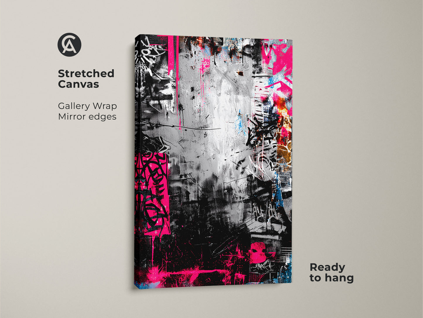 Stretched canvas of abstract graffiti artwork ready to hang. Mirror edges create a gallery wrap. The art features a monochrome palette accented with splashes of vibrant pink. Perfect for adding urban style.