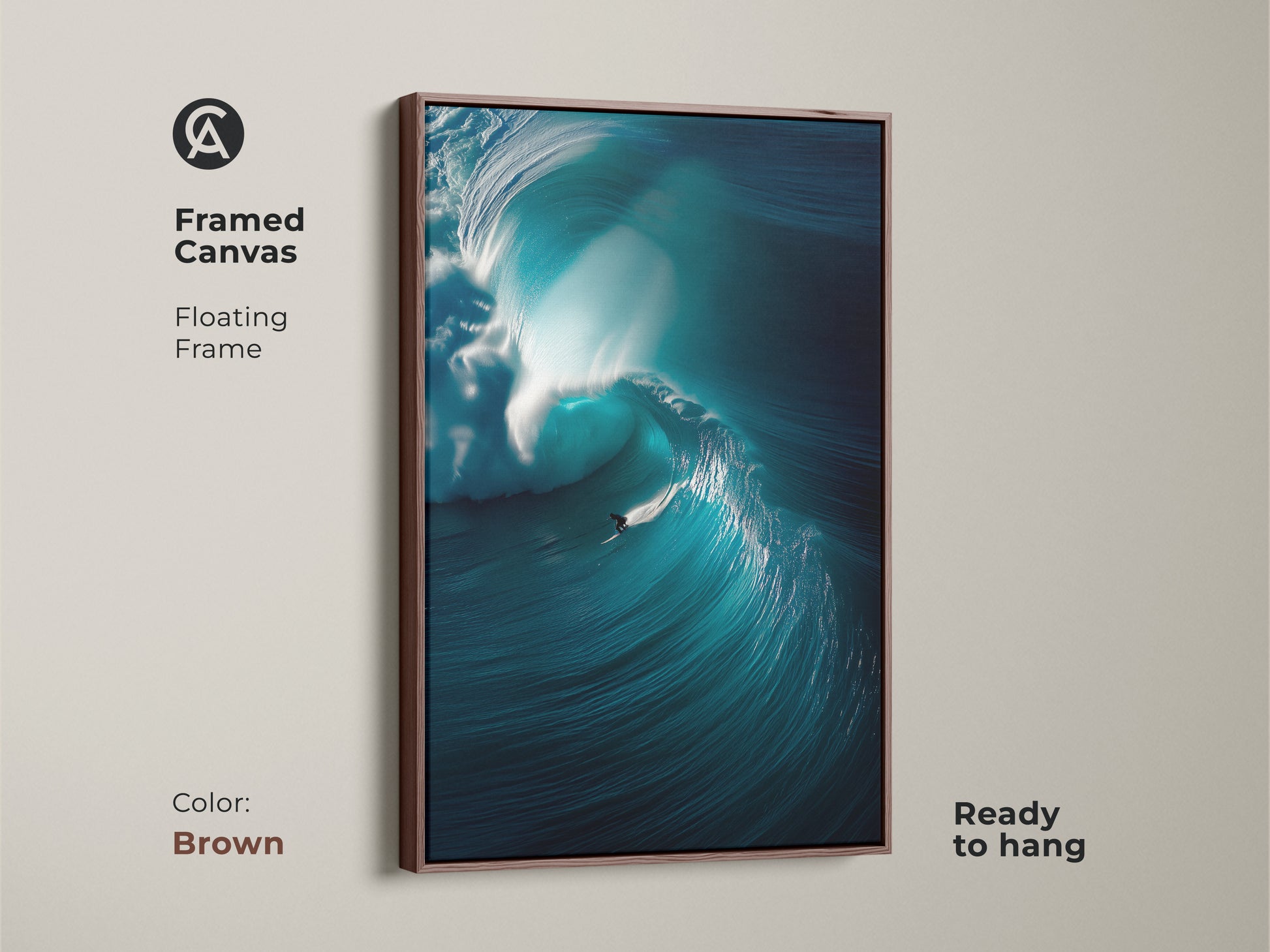 This framed canvas artwork features a surfer riding a huge wave. It has a brown floating frame and is ready to hang. The ocean art print brings a sense of adventure to any room. The artwork is ideal for surf and ocean lovers.