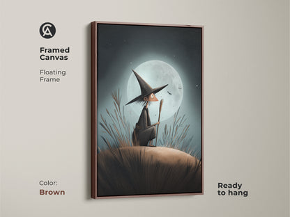 Framed canvas with a floating brown frame displaying whimsical witch art. A moon and stars canvas print with dark blue and brown tones offers eclectic decor. It’s a fantastic fantasy witchy gift.