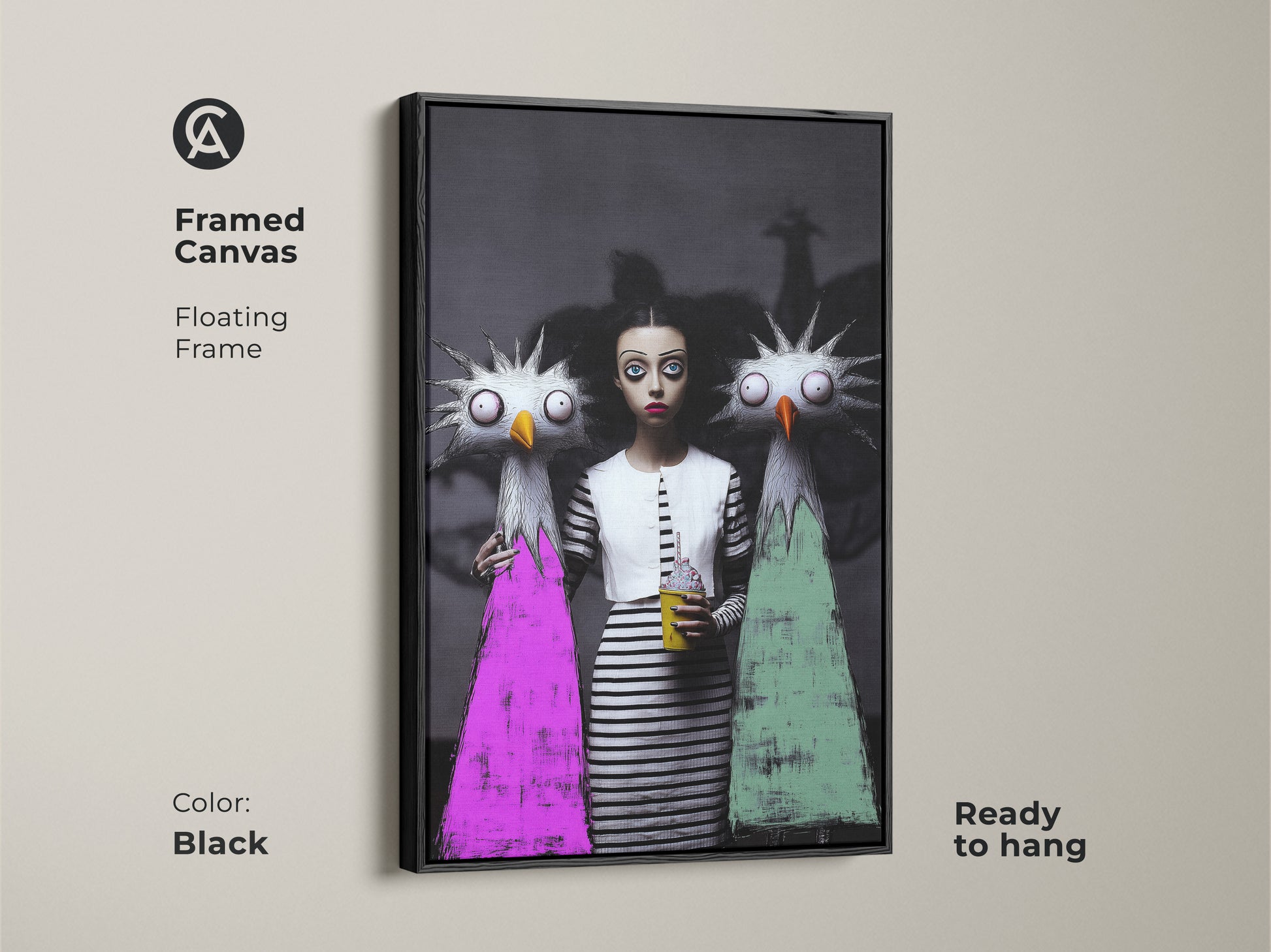 Gothic fantasy wall art featuring a girl and monster in a framed canvas. The floating frame is black and the creepy cute art print is ready to hang. The pop surrealism artwork is a digital art print bizarre and a horror themed wall art.