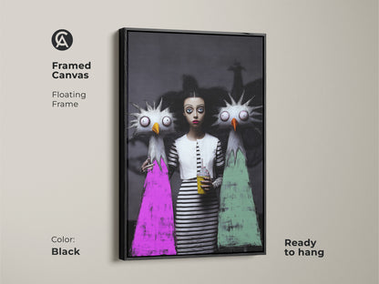 Gothic fantasy wall art featuring a girl and monster in a framed canvas. The floating frame is black and the creepy cute art print is ready to hang. The pop surrealism artwork is a digital art print bizarre and a horror themed wall art.