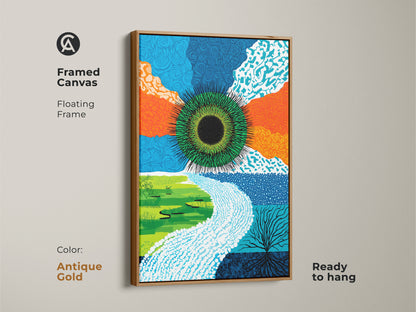 Antique gold framed canvas with abstract green eye art. This contemporary nature print uses a floating frame. The modern artwork is ready to hang. This eye and root patterned art adds flair to any room.