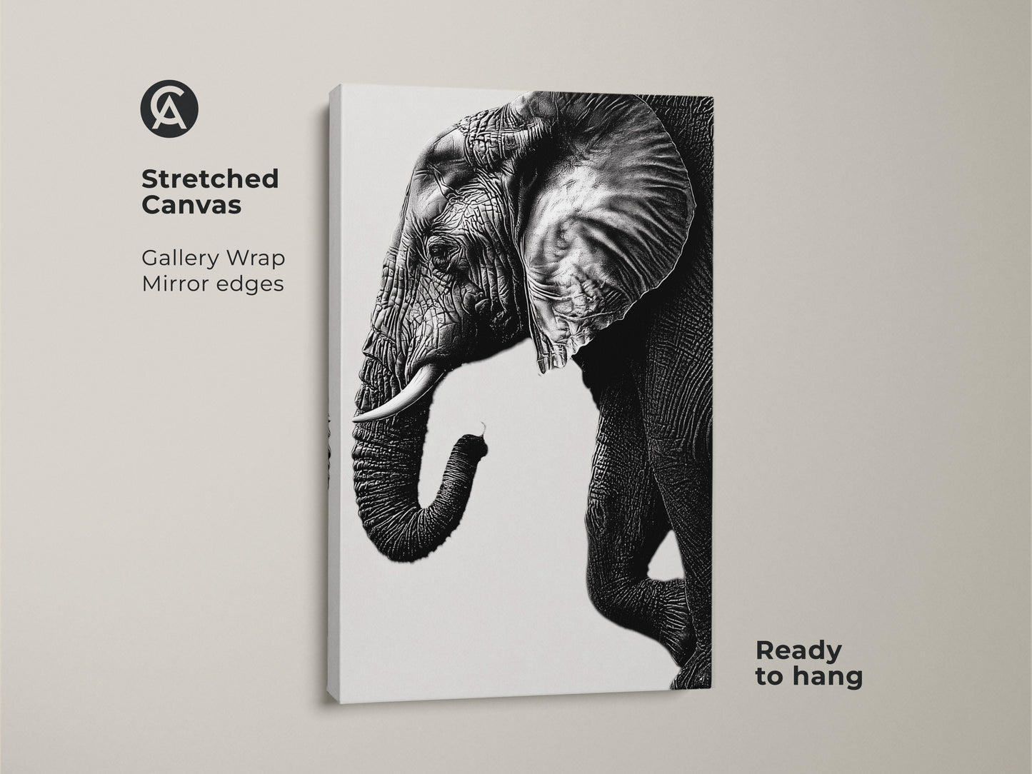 Stretched canvas featuring a minimalist elephant print in black and white. This wildlife wall decor is ready to hang. Gallery wrap with mirrored edges enhances this animal canvas.