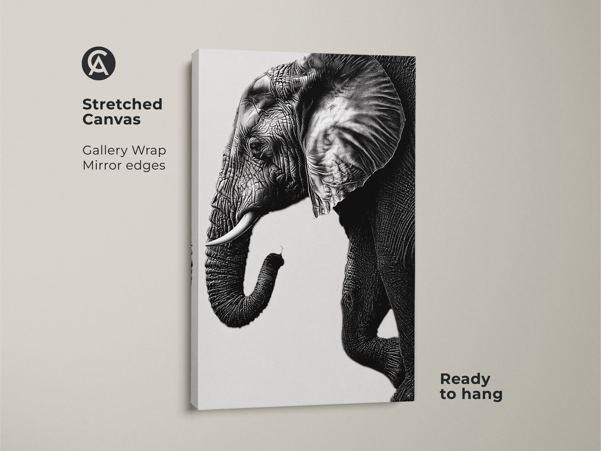 Stretched canvas featuring a minimalist elephant print in black and white. This wildlife wall decor is ready to hang. Gallery wrap with mirrored edges enhances this animal canvas.