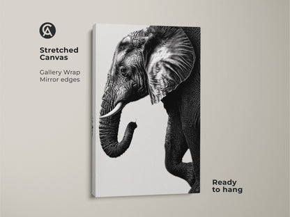 Stretched canvas featuring a minimalist elephant print in black and white. This wildlife wall decor is ready to hang. Gallery wrap with mirrored edges enhances this animal canvas.