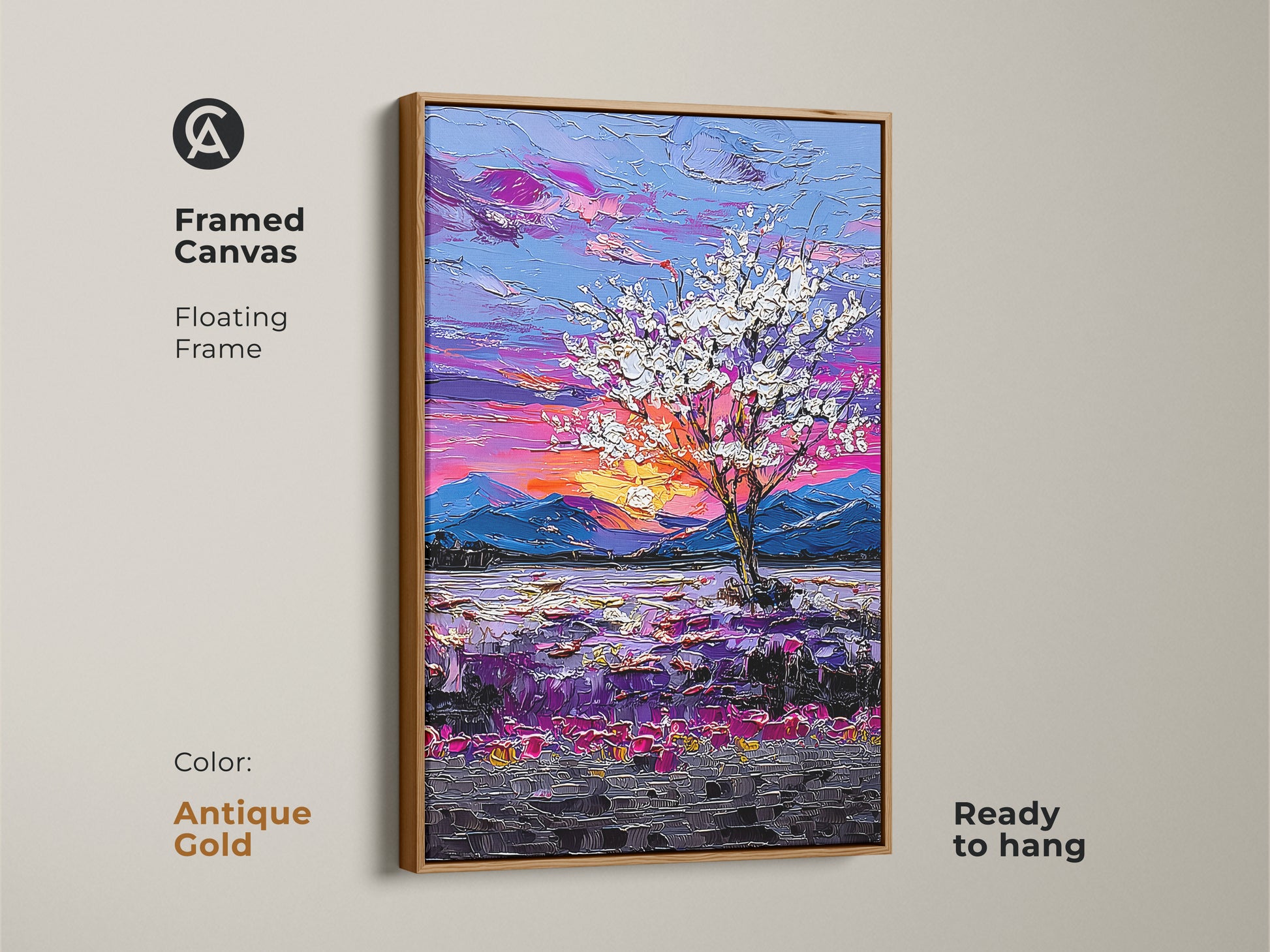Adorn your walls with our Framed Botanical Tree Art. The antique gold floating frame accentuates the purple sunset landscape canvas. It is ready to hang and infuses a touch of sophistication to your living space.