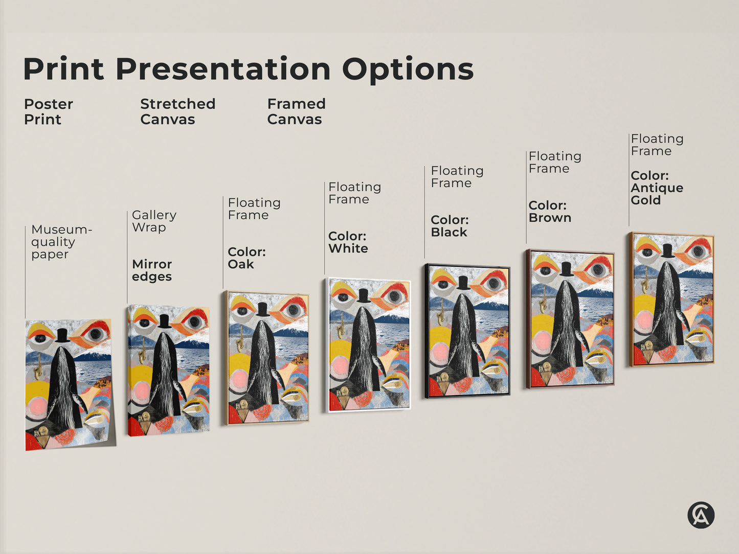 Various print presentation options of the surreal whale saxophone art. Options include poster print stretched canvas and framed canvas. Each features the eclectic abstract collage art in black red yellow. Explore museum-quality paper gallery wrap and floating frame options. A unique surrealism artwork.