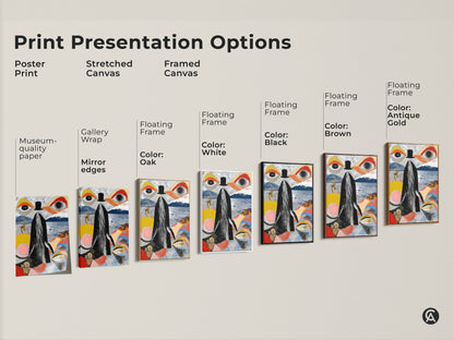 Various print presentation options of the surreal whale saxophone art. Options include poster print stretched canvas and framed canvas. Each features the eclectic abstract collage art in black red yellow. Explore museum-quality paper gallery wrap and floating frame options. A unique surrealism artwork.