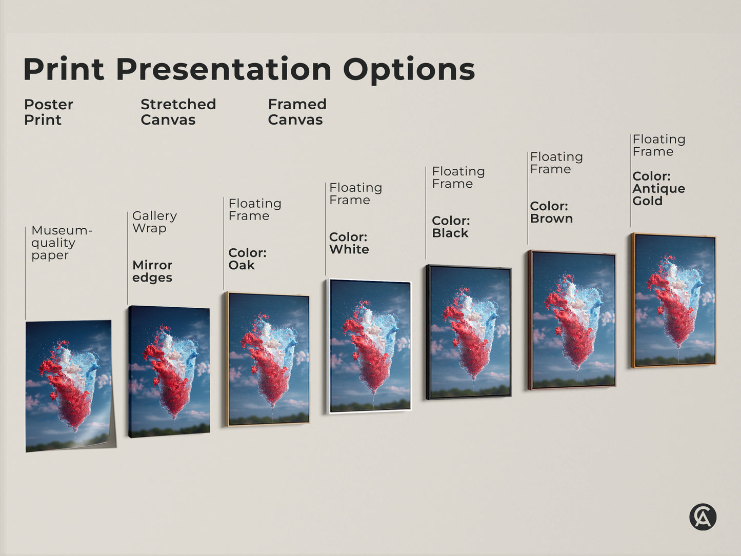 Explore print presentation options featuring the abstract red blue and white splash art print. Choose from poster print stretched canvas or framed canvas. Each option offers a unique way to showcase this dynamic contemporary artwork in your home or office.