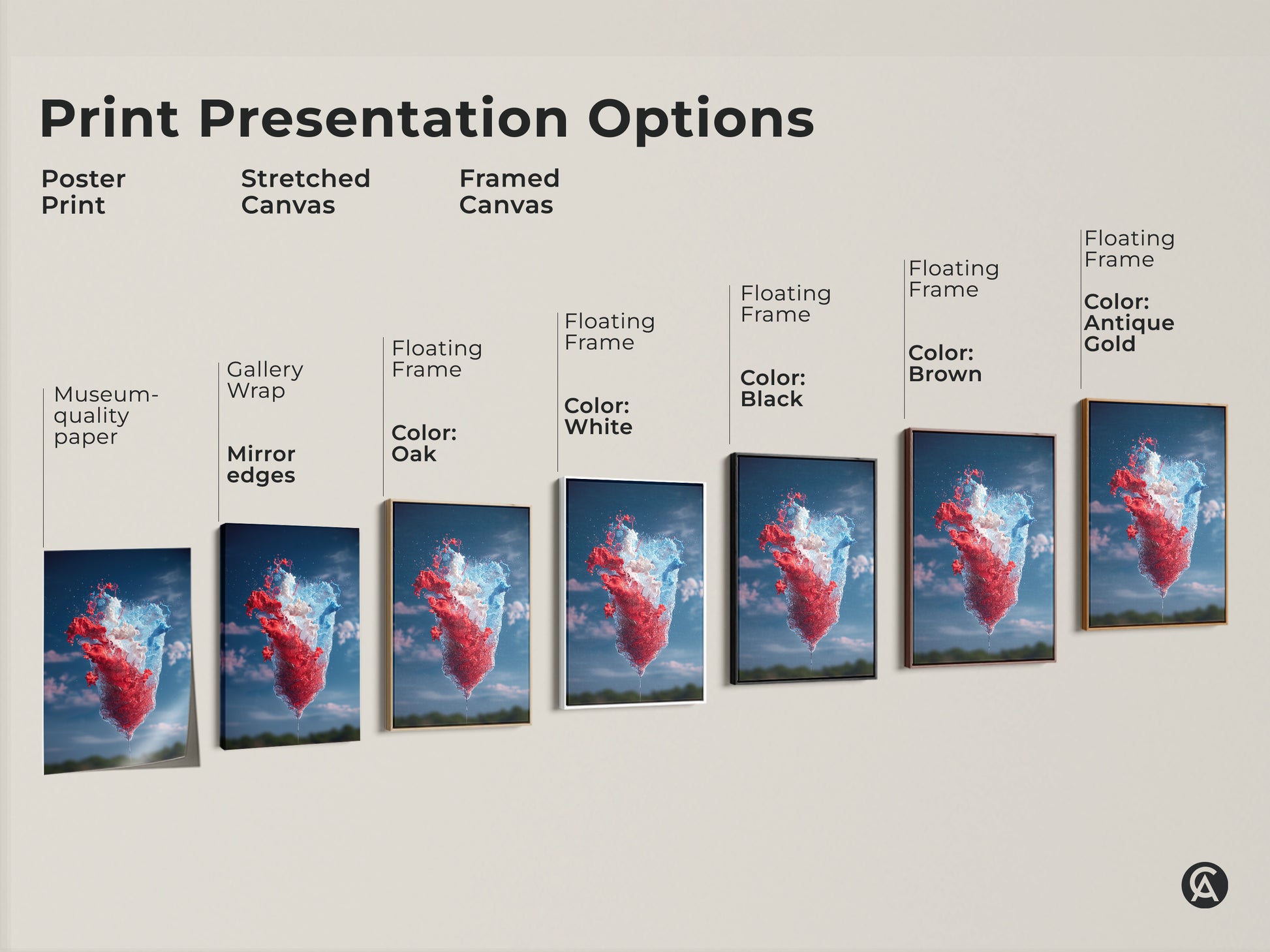 Explore print presentation options featuring the abstract red blue and white splash art print. Choose from poster print stretched canvas or framed canvas. Each option offers a unique way to showcase this dynamic contemporary artwork in your home or office.