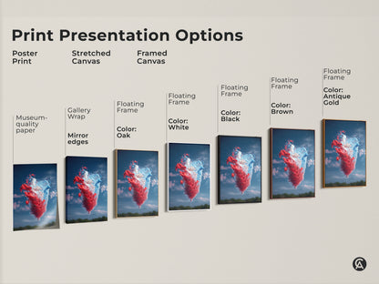 Explore print presentation options featuring the abstract red blue and white splash art print. Choose from poster print stretched canvas or framed canvas. Each option offers a unique way to showcase this dynamic contemporary artwork in your home or office.