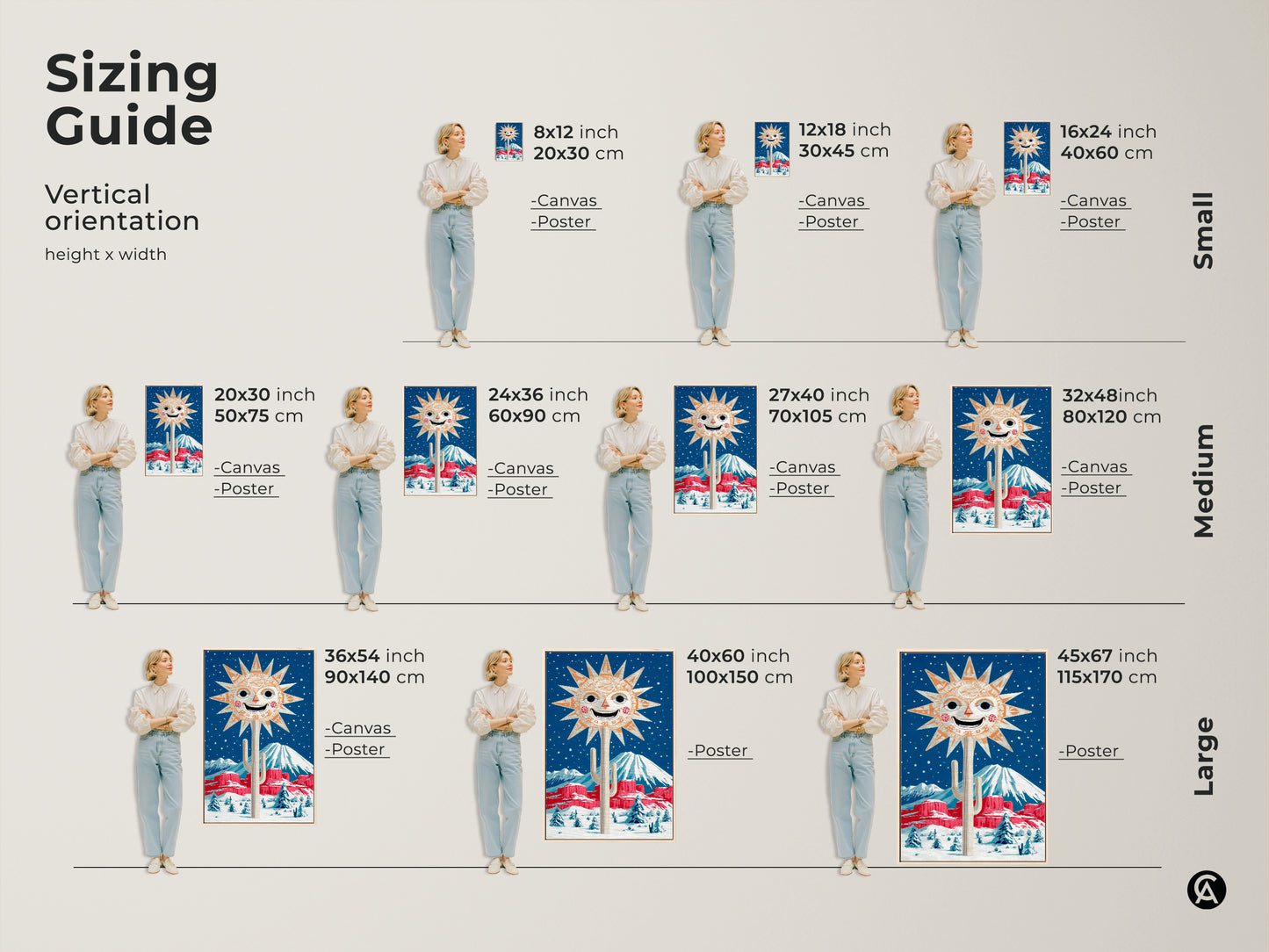 Sizing guide for vertical retro folk art print of sun cactus & snowy mountain scene. Canvas and poster options available in small medium and large. Find the perfect size for your eclectic entryway wall art or as a unique housewarming gift for a desert lover.