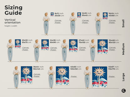 Sizing guide for vertical retro folk art print of sun cactus & snowy mountain scene. Canvas and poster options available in small medium and large. Find the perfect size for your eclectic entryway wall art or as a unique housewarming gift for a desert lover.