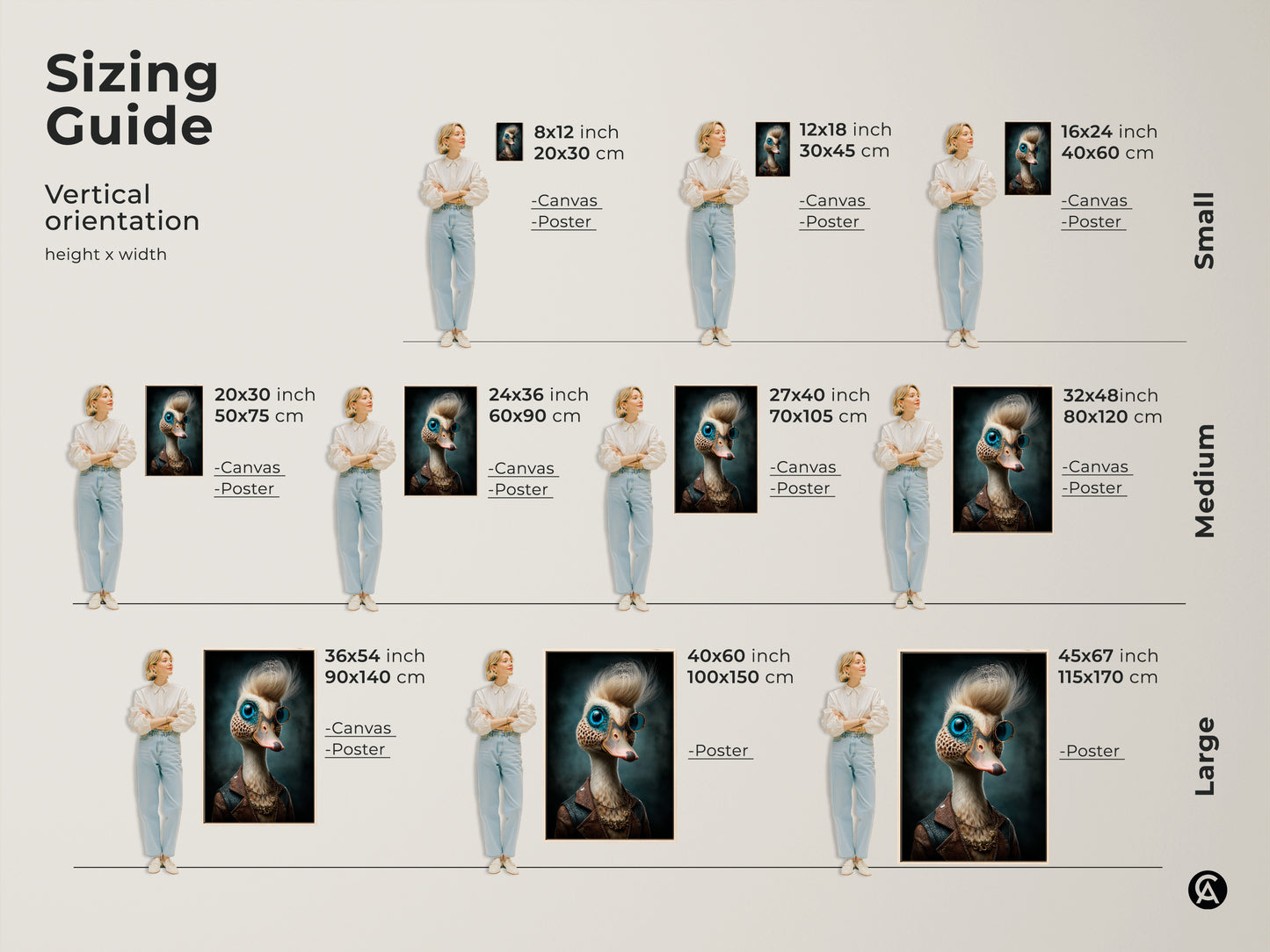 Sizing guide for steampunk duck canvas and poster prints. The vertical orientation suits various wall spaces. Find sizes from small to large perfect for office or home. Discover eclectic animal portrait options. It is ideal for a unique home wall decor.
