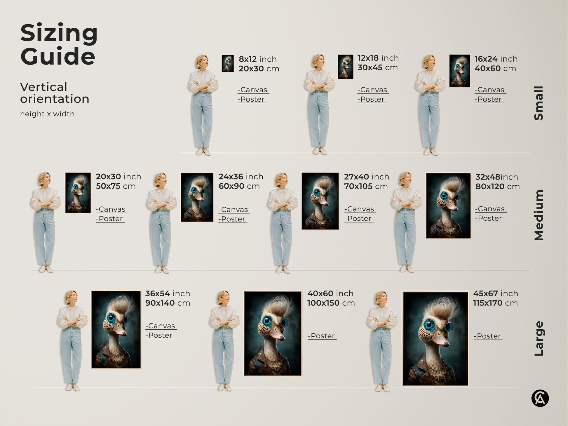 Sizing guide for steampunk duck canvas and poster prints. The vertical orientation suits various wall spaces. Find sizes from small to large perfect for office or home. Discover eclectic animal portrait options. It is ideal for a unique home wall decor.