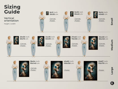 Sizing guide for steampunk duck canvas and poster prints. The vertical orientation suits various wall spaces. Find sizes from small to large perfect for office or home. Discover eclectic animal portrait options. It is ideal for a unique home wall decor.
