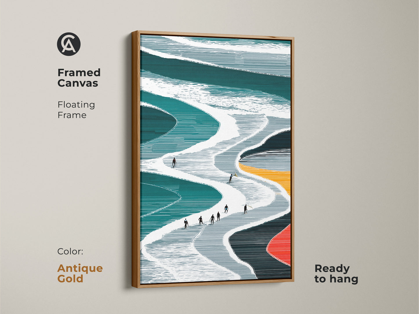 Framed Canvas showcasing teal and white minimalist ski slope artwork with an antique gold floating frame This modern winter sports print is ready to hang adding vintage charm The abstract skiing artwork enhances the room and is a sophisticated decor piece The antique gold frame complements the artwork