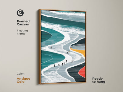 Framed Canvas showcasing teal and white minimalist ski slope artwork with an antique gold floating frame This modern winter sports print is ready to hang adding vintage charm The abstract skiing artwork enhances the room and is a sophisticated decor piece The antique gold frame complements the artwork