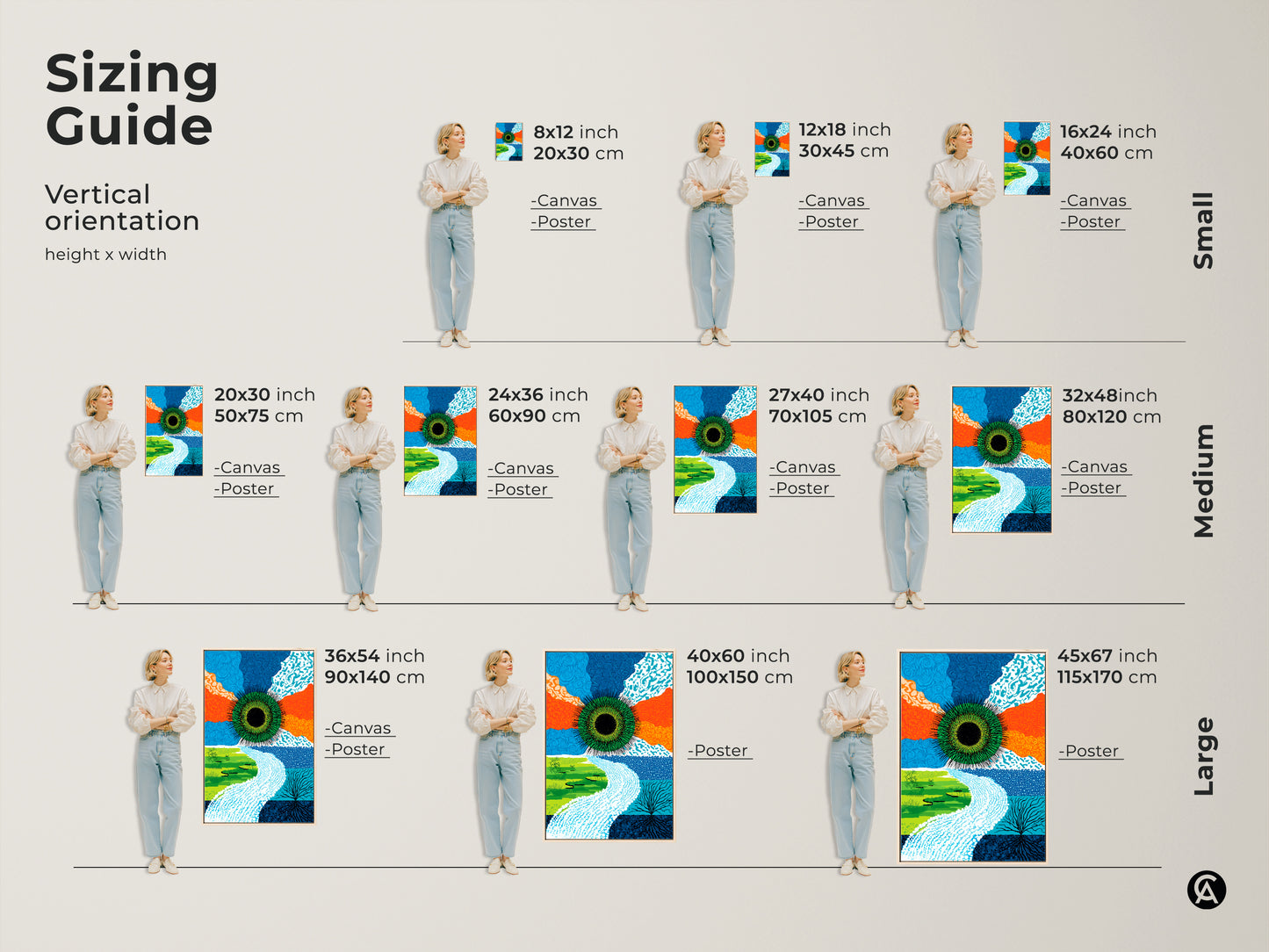 Sizing guide for vertical abstract green eye art. Available as canvas and poster print. Small medium and large sizes. Find the perfect fit for your space with this contemporary nature artwork.