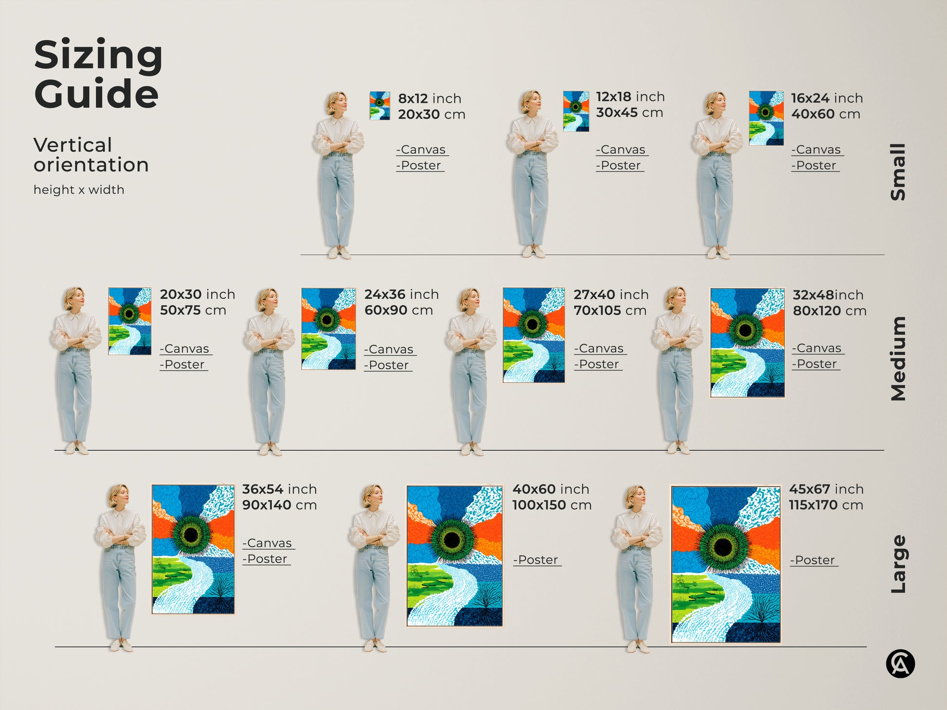Sizing guide for vertical abstract green eye art. Available as canvas and poster print. Small medium and large sizes. Find the perfect fit for your space with this contemporary nature artwork.