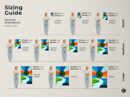 Sizing guide for vertical abstract green eye art. Available as canvas and poster print. Small medium and large sizes. Find the perfect fit for your space with this contemporary nature artwork.