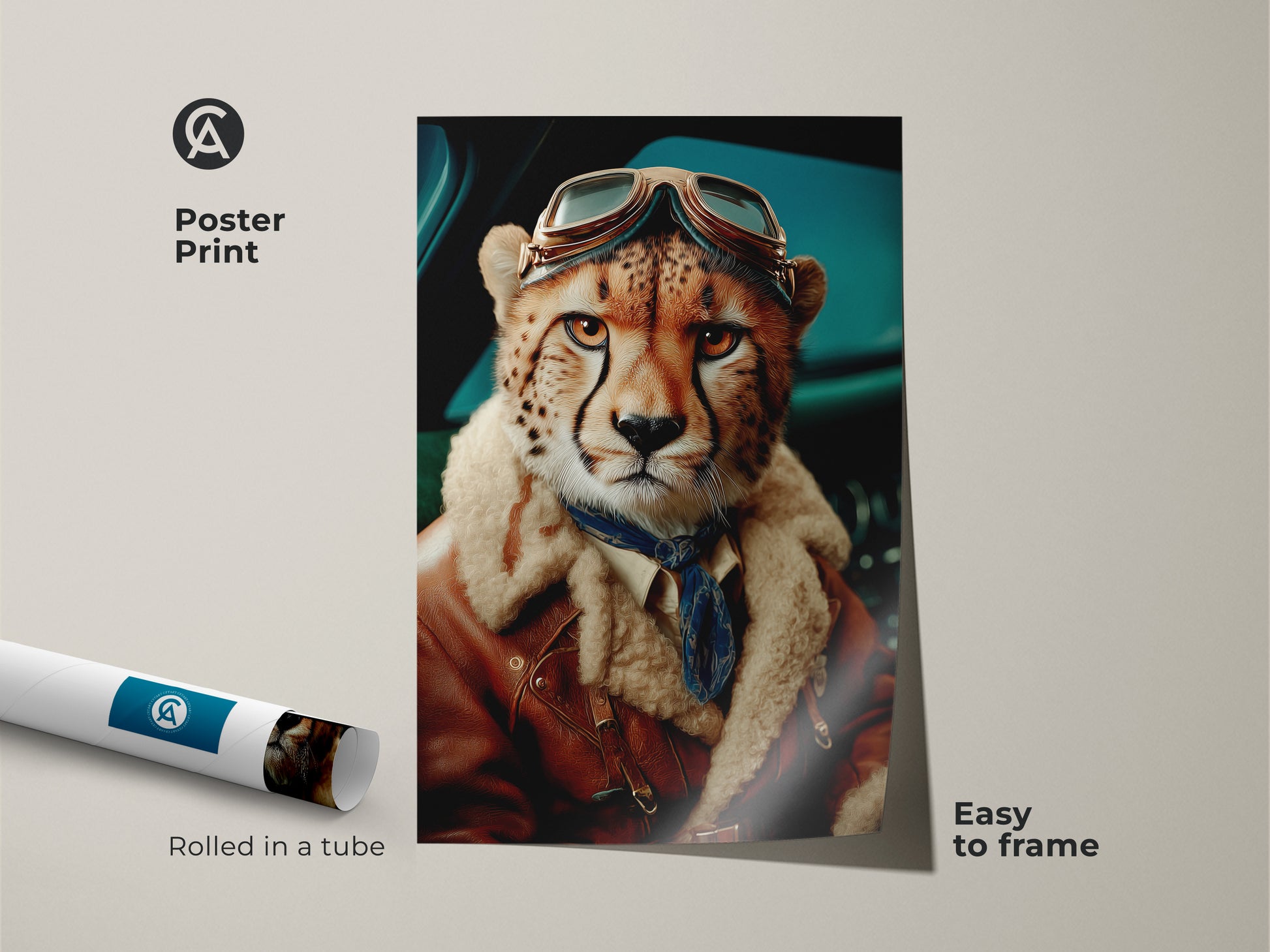 A poster print presents a surreal digital artwork. The art features a cheetah styled as an aviator. Rolled in a tube. Easy to frame. It makes a unique gift for travel enthusiasts and lovers of animal art.