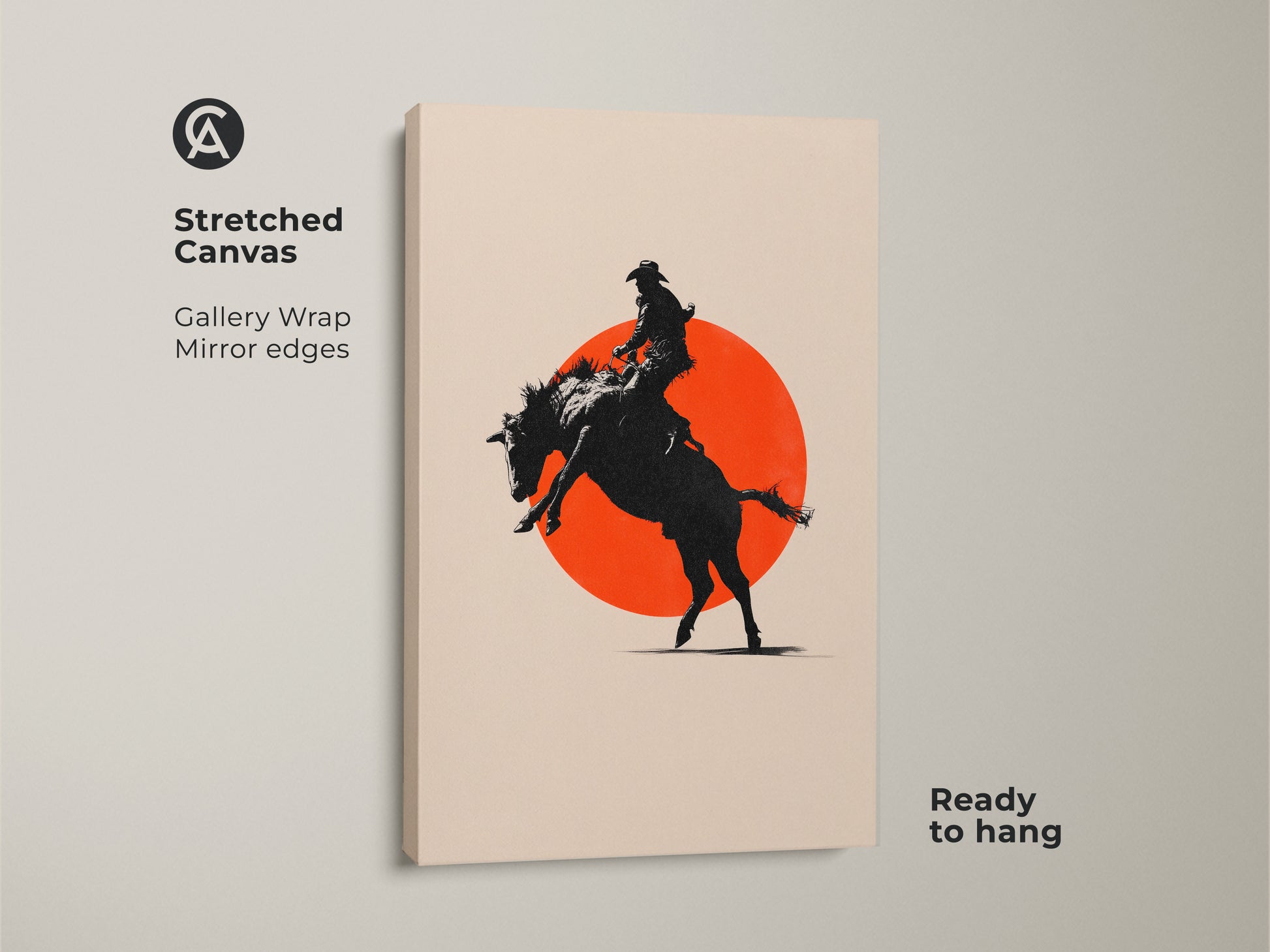 Stretched canvas print featuring a cowboy silhouette. The gallery wrap includes mirror edges. Ready to hang this modern farmhouse decor in your home. This cowboy art adds action to any space.