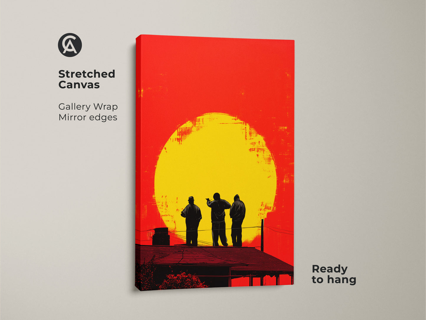 Stretched canvas of urban rooftop figures art print. Gallery wrapped with mirror edges this retro pop art wall canvas is ready to hang. A great housewarming gift for explorers.