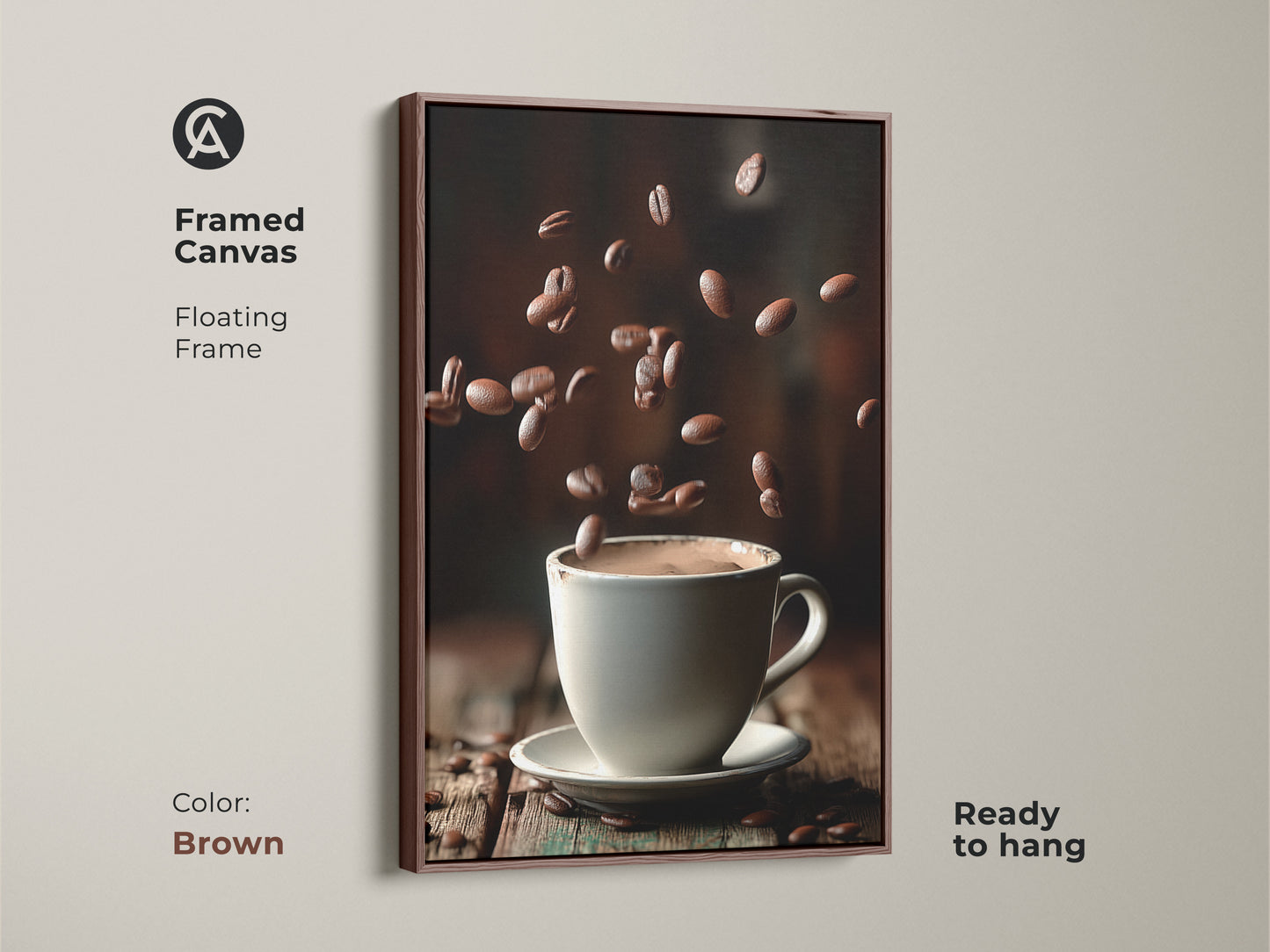 Framed in a brown floating frame this canvas print showcases a coffee cup artwork. Falling beans surround a white cup. The wooden table adds warmth to this contemporary piece. Perfect for kitchen wall art this modern artwork suits any coffee enthusiast's space. It is a great housewarming gift.