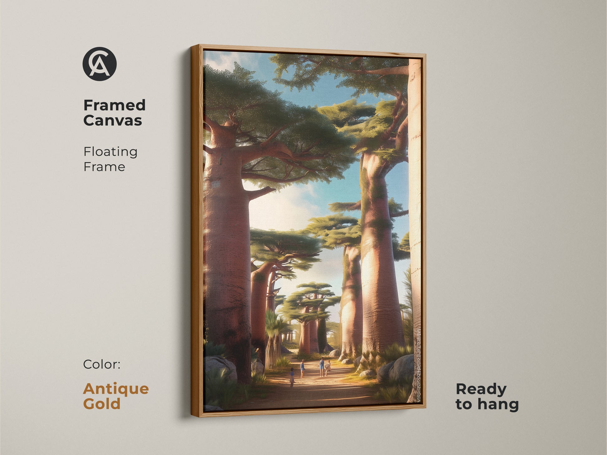 Framed canvas featuring African Baobab Trees. Floating frame in antique gold adds a touch of sophistication. This earthy tones nature artwork is ready to hang. The painterly landscape print brings a boho aesthetic. A unique housewarming gift for travelers.
