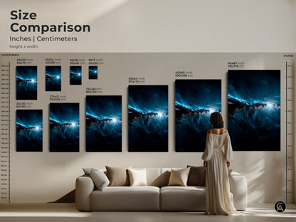 This image shows a size comparison of the nebula artwork. Sizes range from small to large. A woman stands next to the art for scale. Visualize the perfect size for your home today. Both inches and centimeters are displayed