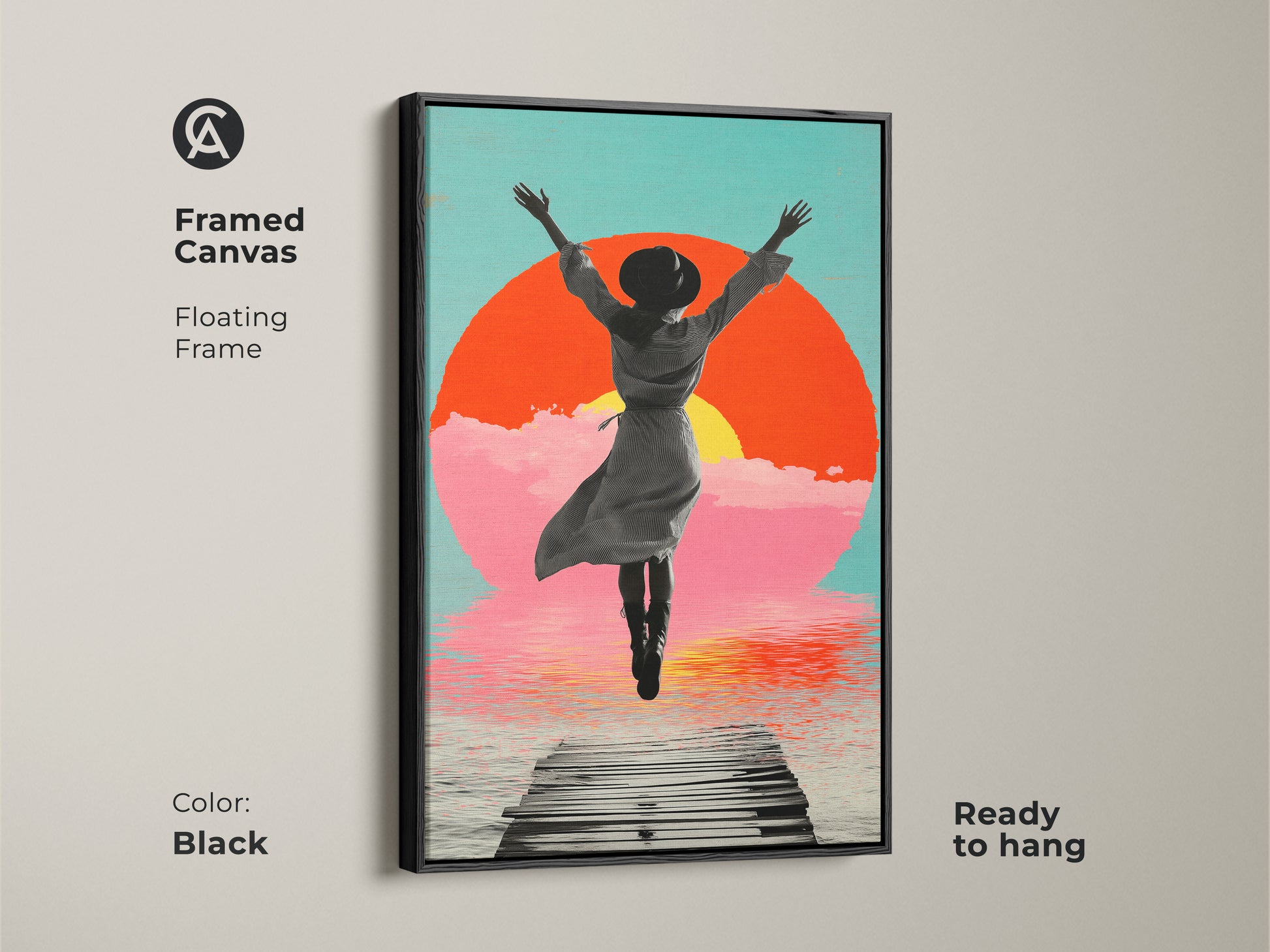 Framed canvas featuring a surreal woman jumping toward a radiant orange sunset. This boho retro collage is set in a floating black frame ready to hang. The aqua and pink accents create a unique figurative wall decor.
