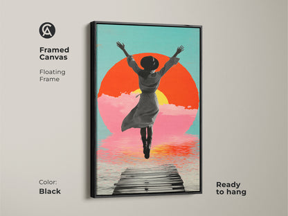 Framed canvas featuring a surreal woman jumping toward a radiant orange sunset. This boho retro collage is set in a floating black frame ready to hang. The aqua and pink accents create a unique figurative wall decor.