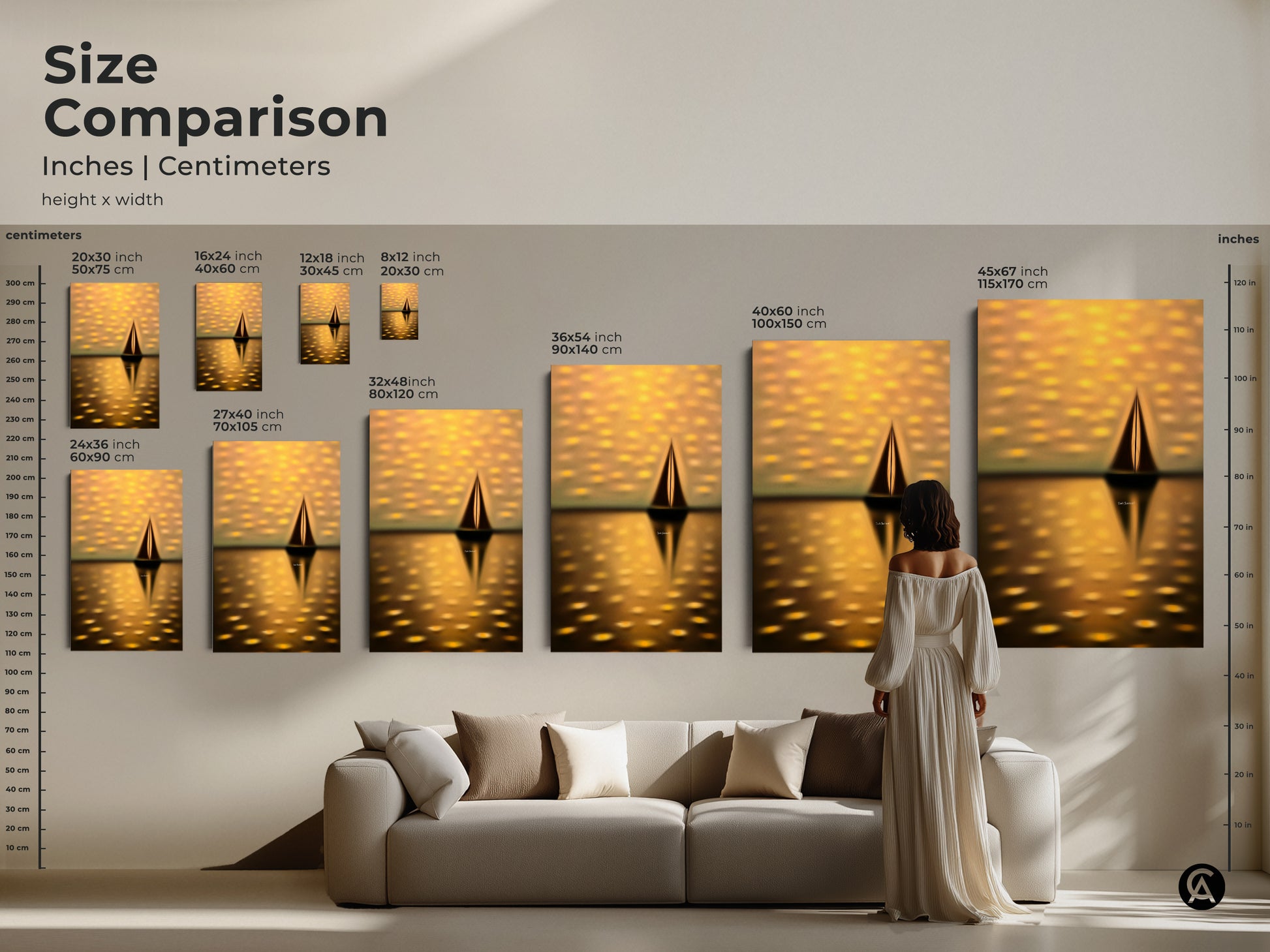 Size comparison of sailboat artwork in inches and centimeters. A woman stands next to the dreamy nautical art. This helps visualize the scale of each canvas and poster print size. Find the perfect coastal decor.