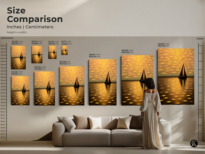 Size comparison of sailboat artwork in inches and centimeters. A woman stands next to the dreamy nautical art. This helps visualize the scale of each canvas and poster print size. Find the perfect coastal decor.