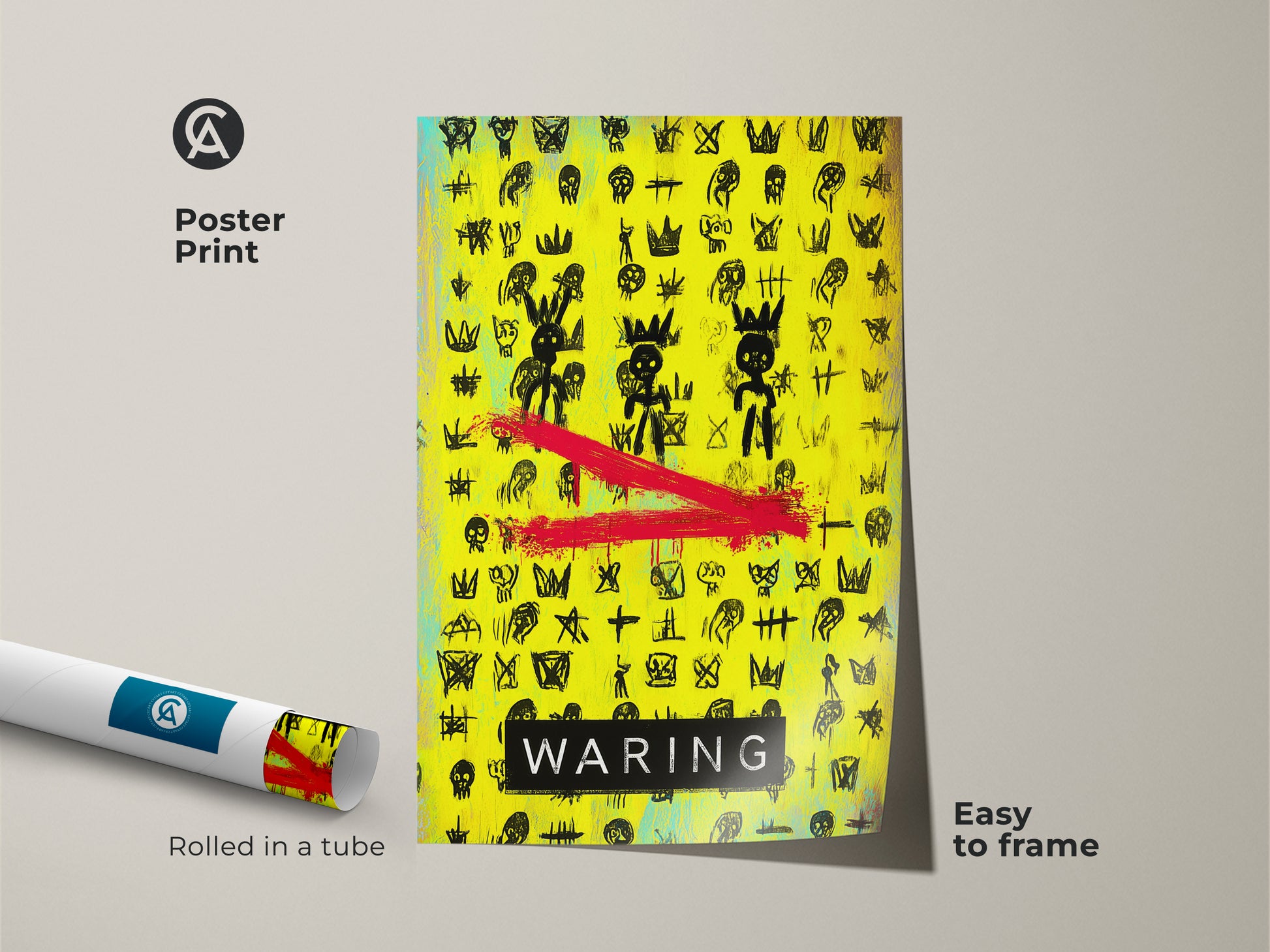 A striking street art print featuring neon yellow graffiti with abstract skull art. The poster print is easy to frame and adds an edgy touch to any room. Perfect for teen room decor this pop art canvas showcases crowns and skulls. This graphic art print is a unique birthday gift.