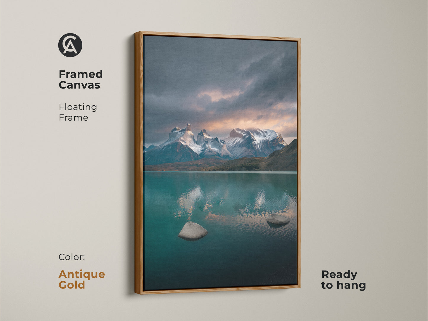 Framed canvas with a floating antique gold frame featuring a teal lake and mountain artwork. Ready to hang this scenic artwork elevates your living space. This contemporary nature decor brings a calming touch. Ideal for outdoor enthusiasts. The deep blue gray artwork adds elegance to bedroom walls.
