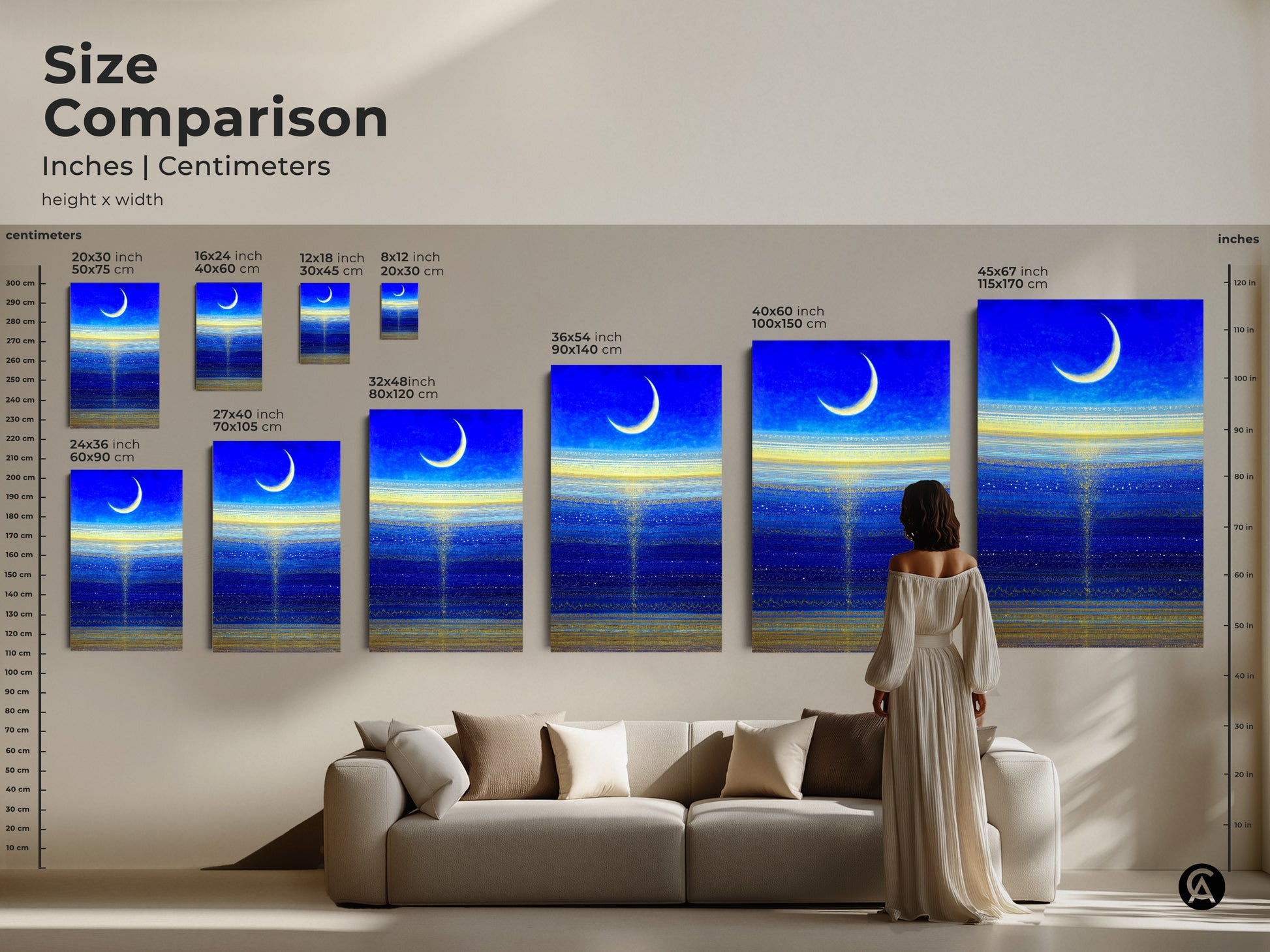 A size comparison chart of celestial canvas prints. The art varies in dimensions. The cosmic artwork looks perfect above a sofa. The sizes are in inches and centimeters.