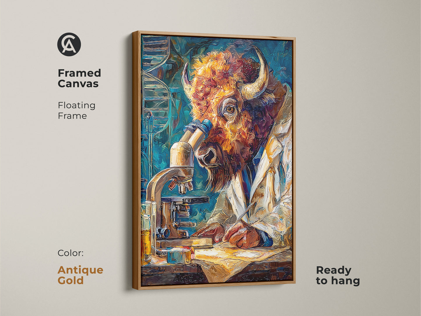 A framed canvas print with an antique gold floating frame shows a buffalo scientist. Ready to hang this artwork adds a vintage touch. Perfect for those who appreciate unique and sophisticated wall art. Bring home this distinctive piece.
