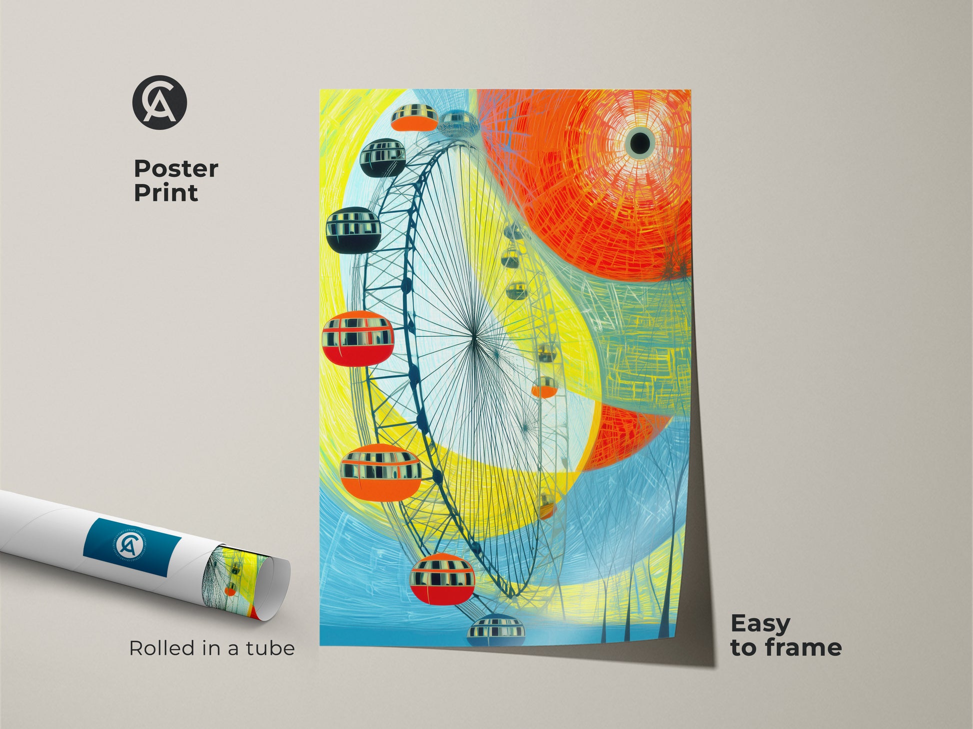 Poster print of an abstract Ferris wheel cityscape rolled in a tube easy to frame. This colorful yellow orange and blue artwork brings modern travel art to any space. It's a unique wall hanging ideal for entry halls offering bright wall art perfect as a housewarming gift for travel enthusiasts.