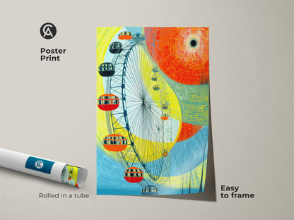 Poster print of an abstract Ferris wheel cityscape rolled in a tube easy to frame. This colorful yellow orange and blue artwork brings modern travel art to any space. It's a unique wall hanging ideal for entry halls offering bright wall art perfect as a housewarming gift for travel enthusiasts.