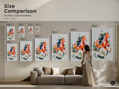 Size Comparison for Abstract Horse Art Prints. Inches and Centimeters. Visualize the impact of this orange coral canvas in your space. Perfect equestrian wall decor for any room. Choose the ideal size to enhance your eclectic home decor. Transform your living room with vibrant horse artwork.