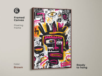 Framed canvas featuring an abstract face in the style of Basquiat with a sleek brown floating frame. This ready-to-hang artwork adds a modern touch to any home or office. The artwork is a bold statement piece. It will enhance your interior decor.
