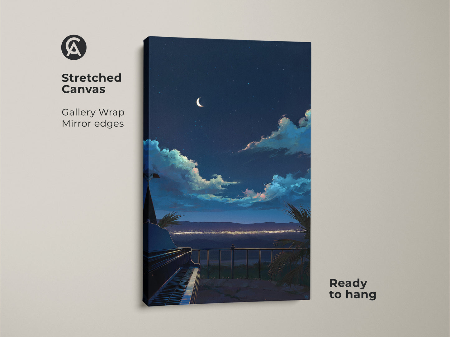 Stretched canvas print featuring a grand piano under a crescent moon. This night sky wall art is ready to hang. The gallery wrap and mirror edges add a professional touch.