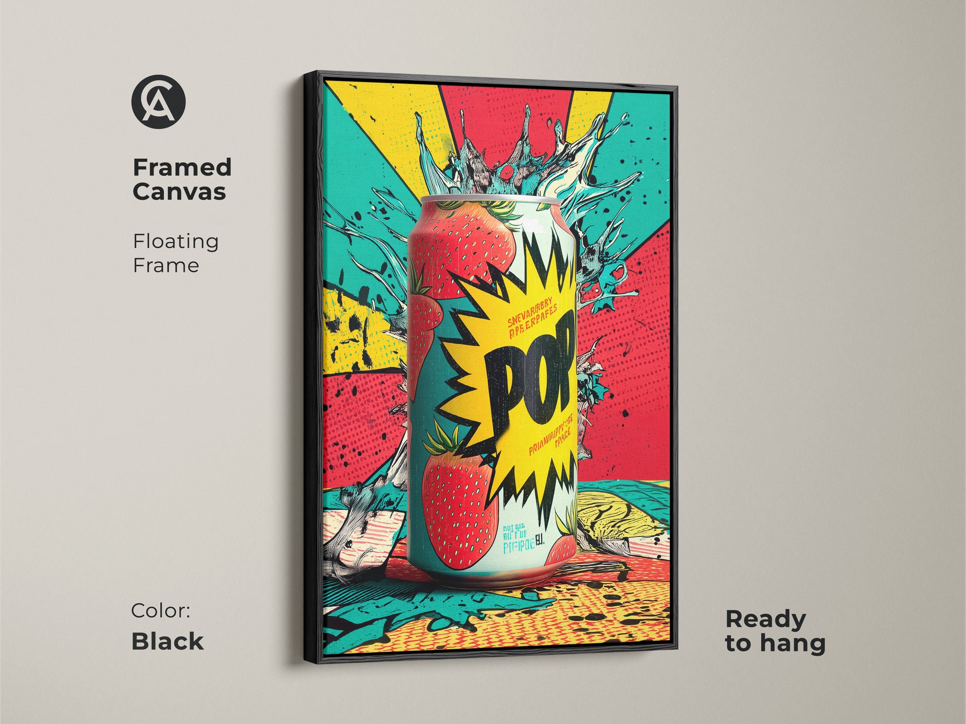 Framed canvas artwork of a strawberry soda can. The canvas has a floating frame in black. It is ready to hang. The pop art style creates a fun modern look. This artwork is a great conversation starter.